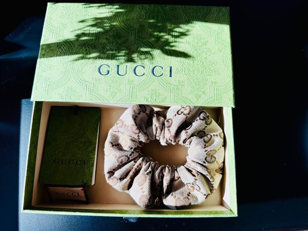 GUCCI GG Logo Canvas Scrunchie Hair Tie Accessory Beige Designer Chouchou LTD